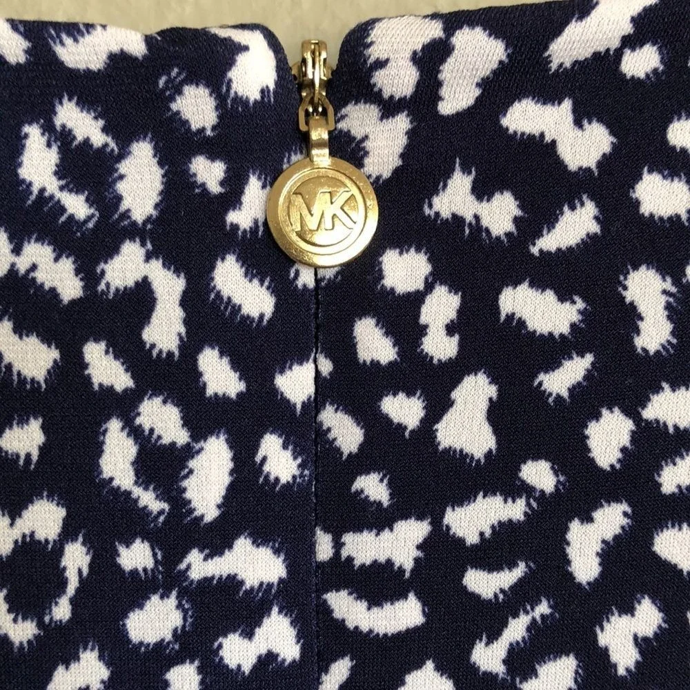 Michael Kors Sheath Dress Womens Medium Navy Blue Animal Print Long Sleeve Wrap
